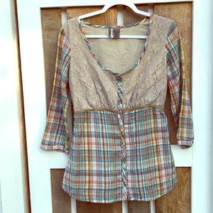 B K E lace and plaid baby doll top